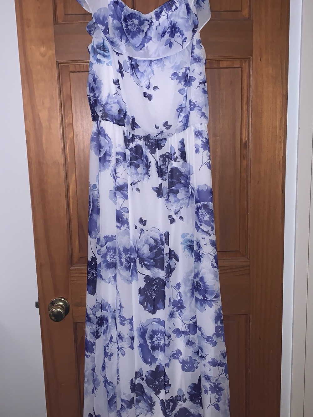 ‼️SUMMER SALE ‼️ White and Blue Floral Maxi Dress - Elegant Ruffle Neck